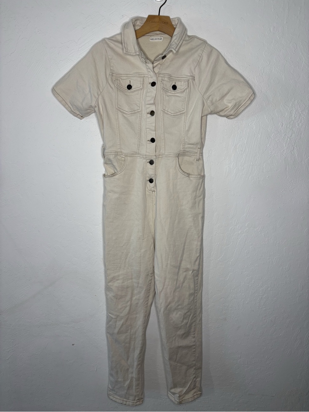 Avec Les Filles Women 28 Jumpsuit Cream Denim Button Collared Pockets Streetwear